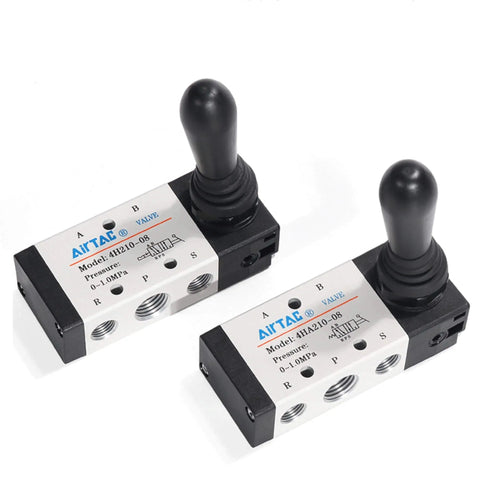 Two Five Port Two Position Hand Lever Pneumatic Valve 4HA210-08 with Spring Return Manual Control, showing aluminum alloy body.