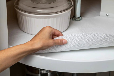 Hand adjusting Premium Circular Lazy Susan Shelf Liner Kit For Kitchen Cabinets And Pantry Shelves, Non Slip White Surface, 30 Inch Diameter