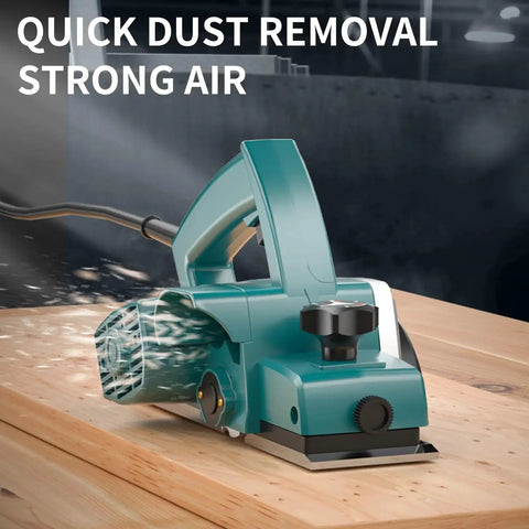 Effortless stock removal and precise edge chamfering from a 3.8 Amp handheld planer on wood surface, side view.