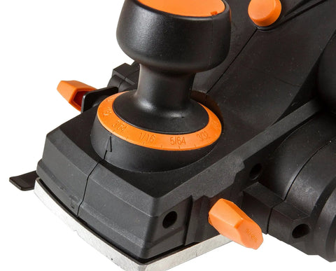 Close-up of controls on efficient 3-1/4 inch hand planer with a 6 Amp motor, designed for fast, precise planing on various surfaces.