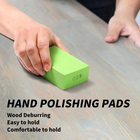 Hand polishing pad in use on wooden surface, labeled 400, from Six Piece Diamond Hand Polishing Pads Set 60 To 1000 Grit For Tile Glass Stone
