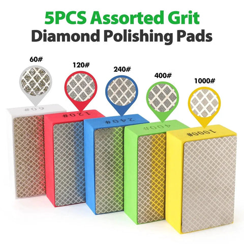 Hand Polishing Pads Set Of 5 Grits 60 120 240 400 1000 For Tile And Glass in assorted colors, displaying different grit textures.