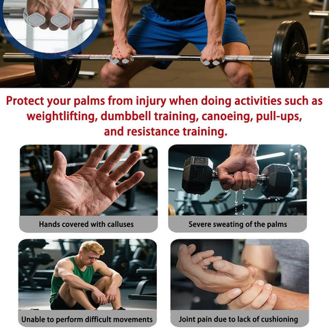 Man lifting barbell with text about palm protection for gym activities and images of hand issues during workouts.