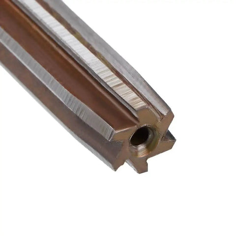 Close-up of Pro Grade 3/8 Inch Hand Reamer in High Speed Steel H7 Tolerance, Six Straight Flutes, Metalworking Tool