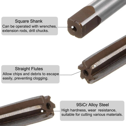 11 Piece Hand Reamer Set 3mm 4mm 5mm 6mm 8mm 10mm 12mm 14mm 16mm 18mm 20mm H8 Tolerance Pro Grade Alloy Steel Reamers For Metal And Wood Hole Finishing And Enlargement With Straight Flutes shown close-up with square shank, straight flutes, and material details