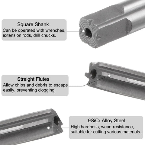 Close-up view of 9-Piece Hand Reamer Set For Metal And Wood 2mm To 10mm H8 Tolerance With Straight Flutes Alloy Steel Cutting Tools