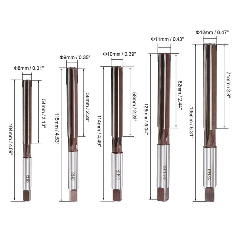 Dimensions of Hand Reamers Set H8 Accuracy Alloy Tool Steel 6 Flutes Straight Shank Milling Cutter Tool 10pcs shown