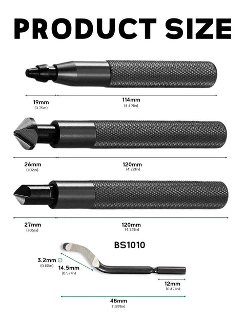 Image showing product sizes for Two Submerged Hand Reamers Deburring Tool Set With Ten Spare BS1010 Type Blades.