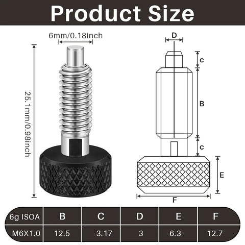 Dimensions and diagram of Hand Retractable Spring Plunger With Knurled Handle M6 Quick Release Pins 0.500 Inch Thread Length