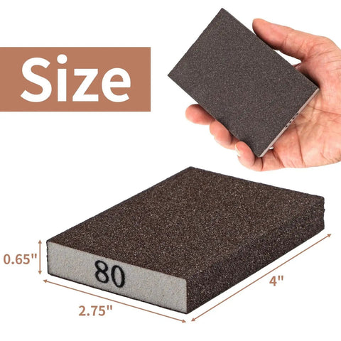 Hand holding an 80 grit sanding block from Eight Pack Hand Sanding Block Set Grits 60 80 120 220 For Wood Metal Drywall with dimensions shown