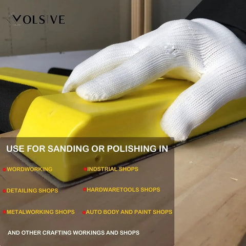 7 Piece Hand Sanding Block Set With Interchangeable Pads For Auto Body Polishing, yellow block in use on wood surface