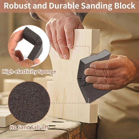 Person using Eight Pack Hand Sanding Block Set Grits 60 80 120 220 for Wood Metal Drywall on wooden surface