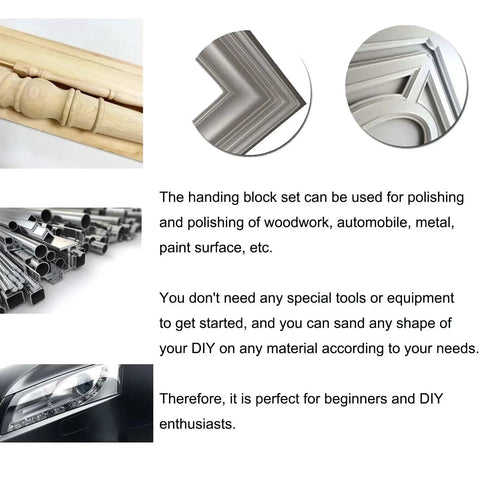 Uses for 16 Piece Hand Sanding Block Set With Assorted Contoured Shapes And Hook And Loop, showing woodworking, metalwork, and auto detailing