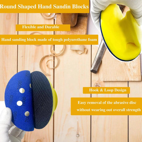 Person holding round hand sanding block with hook and loop design, part of 5 Inch Hook And Loop Sanding Discs Set 50 Pcs For Wet Dry Polishing.