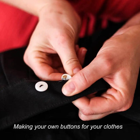 Person sewing a button on clothing using 4 Pack Round Button Silicone Molds TuNan Set for Resin Casting in 7 Sizes 10mm to 30mm