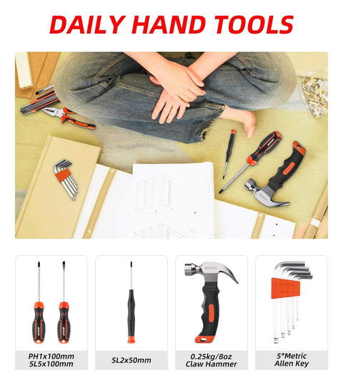 Person assembling furniture using 15-Piece Household Tool Kit with hammer, pliers, screwdriver set, and toolbox storage case.