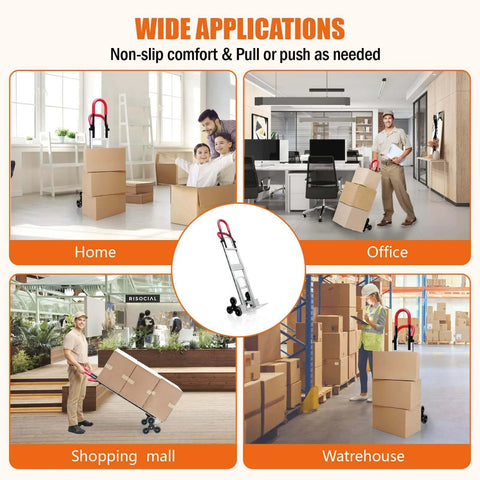 Collage showing Aluminum Stair Climbing Cart in home, office, and warehouse settings, highlighting versatility and dual handles.