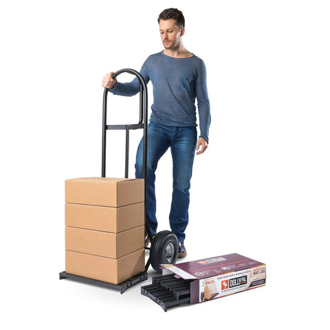 Man using Hand Truck Helper And Mini Storage Pallet For Dollies Keeps Back Safe While Handling Heavy Loads Holds 800 Plus Lbs 18 Inch By 10 Inch By 1.5 Inch 1 Pack Waterproof Storage Pallet Protects Stored Items From Water Damage Insects And Debris with cardboard boxes
