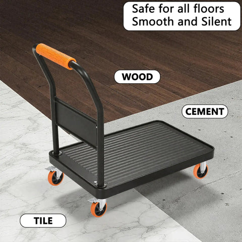 Platform cart with orange handle and caster wheels, shown on wood, cement, and tile surfaces