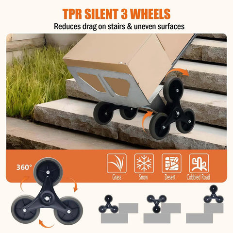 Aluminum Stair Climbing Cart with TPR Silent 3 Wheels reducing drag on stairs, 600 lbs Capacity Stair Climber Hand Truck Dolly for uneven surfaces.