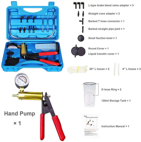Hand Held Vacuum Pump Tester Kit for Automotive Testing with case, cushioned grip, adapters, gauge, and brake bleeder components displayed.