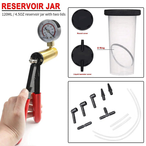 Hand Held Vacuum Pump Tester Kit For Automotive Testing Vacuum Gauges And Brake Bleeder with reservoir jar, adapters, and case