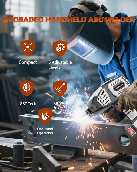 Pro Grade 120 Amp Portable Welder With IGBT Inverter And Five Current Settings in use on metal, handled by a welder wearing helmet.