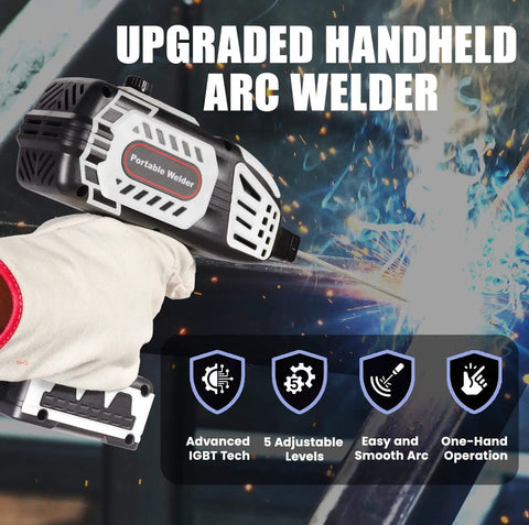 Portable 110V Handheld Welder With IGBT Inverter in use, showcasing welding arc, includes 20-150A range and five variable settings