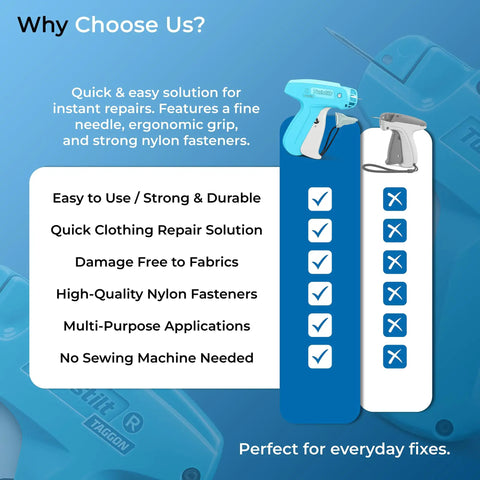 Comparison chart featuring Stitch Gun For Clothes Quick Fix Tool Not A Sewing Machine Handheld Tag Gun and competitor