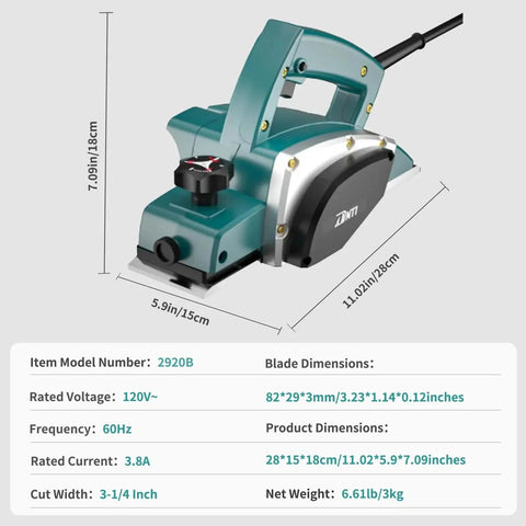 Effortless stock removal and precise edge chamfering from a 3.8 Amp handheld planer with 3-1/4 inch blade and depth adjustment.