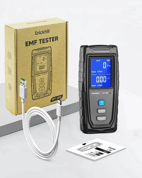 EMF Meter, Detects Electric and Magnetic Fields, Handheld Digital EMF Detector with LCD Display, box, USB cable, and manual