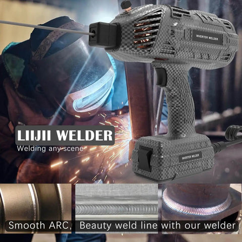 Portable 140A 110V IGBT Inverter Handheld Welder With Hot Start Arc Force Anti Stick And Base Stand showcased during welding process.