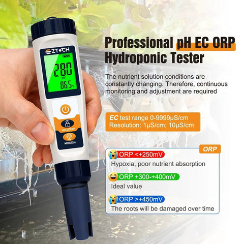 Hydrogen Water Tester All In One Meter for pH H2 ORP TDS EC Temp with professional display in use for hydroponic systems.
