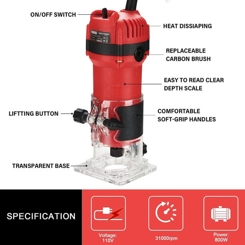 Red 800W handheld wood router with transparent base, soft-grip handles, 31000 RPM, showing features like on/off switch and depth scale.