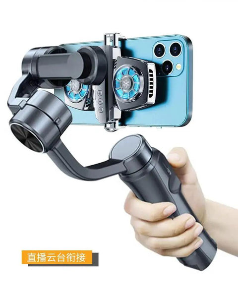 Hand holding smartphone gimbal stabilizer with phone attached, showing cooling fans. Ideal for steady filming and photography.