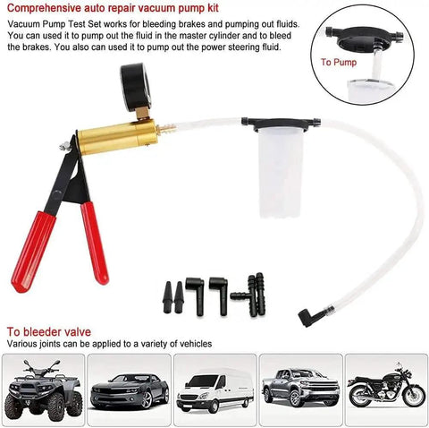 Hand Held Vacuum Pump Tester Kit For Automotive Testing Vacuum Gauges And Brake Bleeder with adapters and gauge displayed
