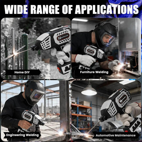 Welding demonstration using Portable 110V Handheld Welder With IGBT Inverter, various applications shown.