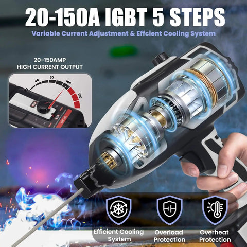 Portable 110V Handheld Welder With IGBT Inverter showing 20-150A range and cooling system, arc welder gun for DIYers