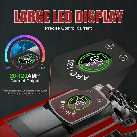 Large LED display on upgraded handheld welder showing 20-120 amp output, precise control for portable IGBT inverter stick welder 110V.