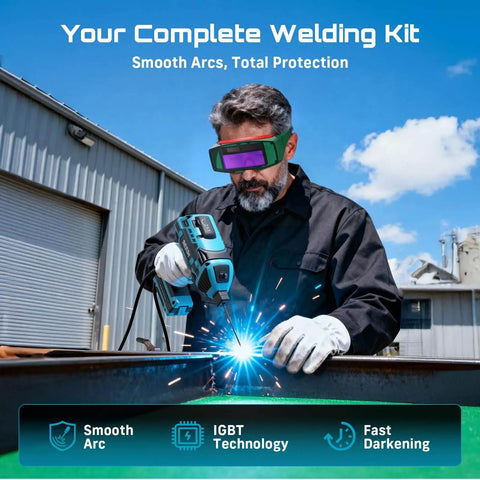 Man using Portable 110V 120A Welder Go-To For Home DIY And Auto Repair Handheld Welding Machine with goggles outdoors
