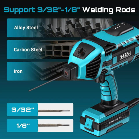 Portable 110V 120A Welder Go-To For Home DIY And Auto Repair Handheld Welding Machine with rods and material types shown