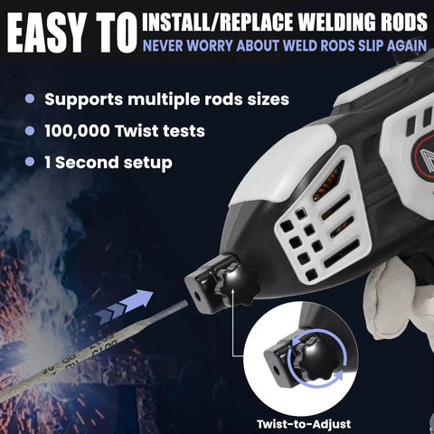 Portable 110V Handheld Welder With IGBT Inverter showing easy rod installation and twist-to-adjust feature in close-up