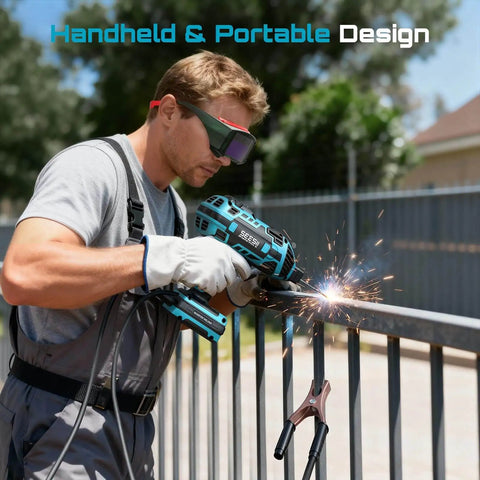 Man using Portable 110V 120A Welder Go-To For Home DIY And Auto Repair Handheld Welding Machine With Goggles outdoors on metal fence
