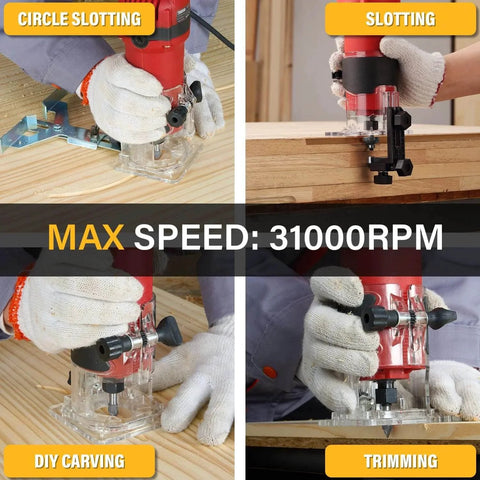 800W Handheld Wood Router Kit shown in use for grooving, slotting, carving, and trimming at 31000 RPM, with protective gloves.