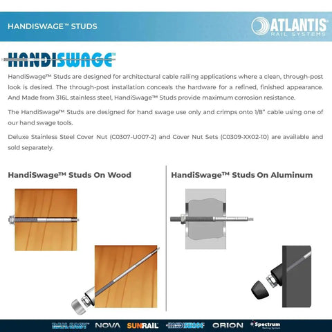 Long Stud 1/8 Inch For HandiSwage Cable Infill Systems installed on wood and aluminum surface.