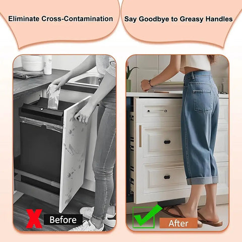 Before and after using Pack Of Two Hands Free Cabinet Foot Pulls For Touchless Trash Drawers And Full Overlay Cabinets With Toe Kick Activation Soft Rubber Pedal For Barefoot Use Easy To Install With Adhesive Or Screws, showing traditional cabinet handle open and foot pedal use.
