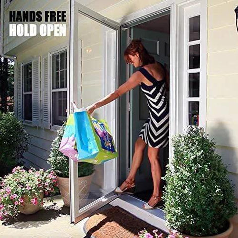 Woman using Smooth - Dual Door Closer System - Heavy Duty for storm and security doors with hands-free hold-open feature