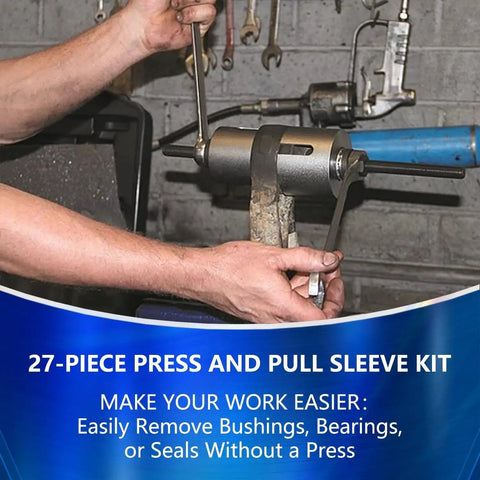 Mechanic using Universal 30 Piece Pull And Press Sleeve Bushing Kit for auto maintenance removal and installation of bearings.