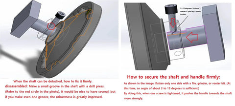 Diagram showing installation and securing instructions for 5.5 Inch Heavy Duty Handwheel With One Half Inch Bore For Drill Press Table Saw Lathe And Milling Machine Replacement Part For Woodworking Tools Industrial Grade Phenolic Aluminum Core Reinforced For Superior Rigidity And Heat Resistance.