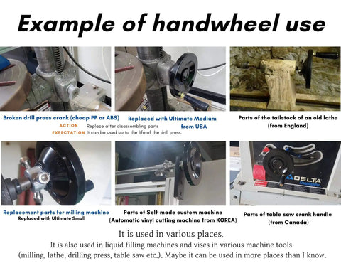 Examples of Five Inch Handwheel with Half Inch Bore used in drill press, lathe, milling machine, and table saw applications.
